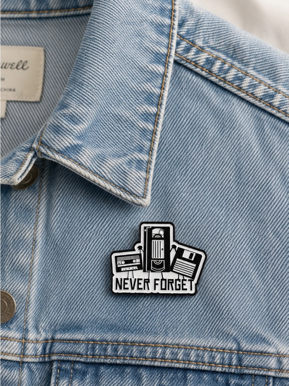 Never Forget Retro Tech Enamel Pin Cassette VHS Floppy Disk Nostalgic Badge NWT